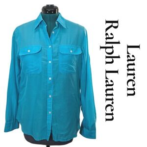 Ralph Lauren Women's Turquoise Silk Cotton Blend Long Sleeve Shirt Size L